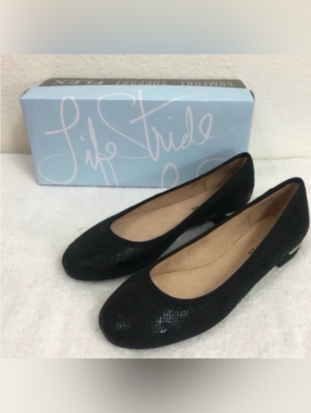 NWT New Life Stride Womens Black Python Velocity 2.0 Almond Toe Flats Size 6.5